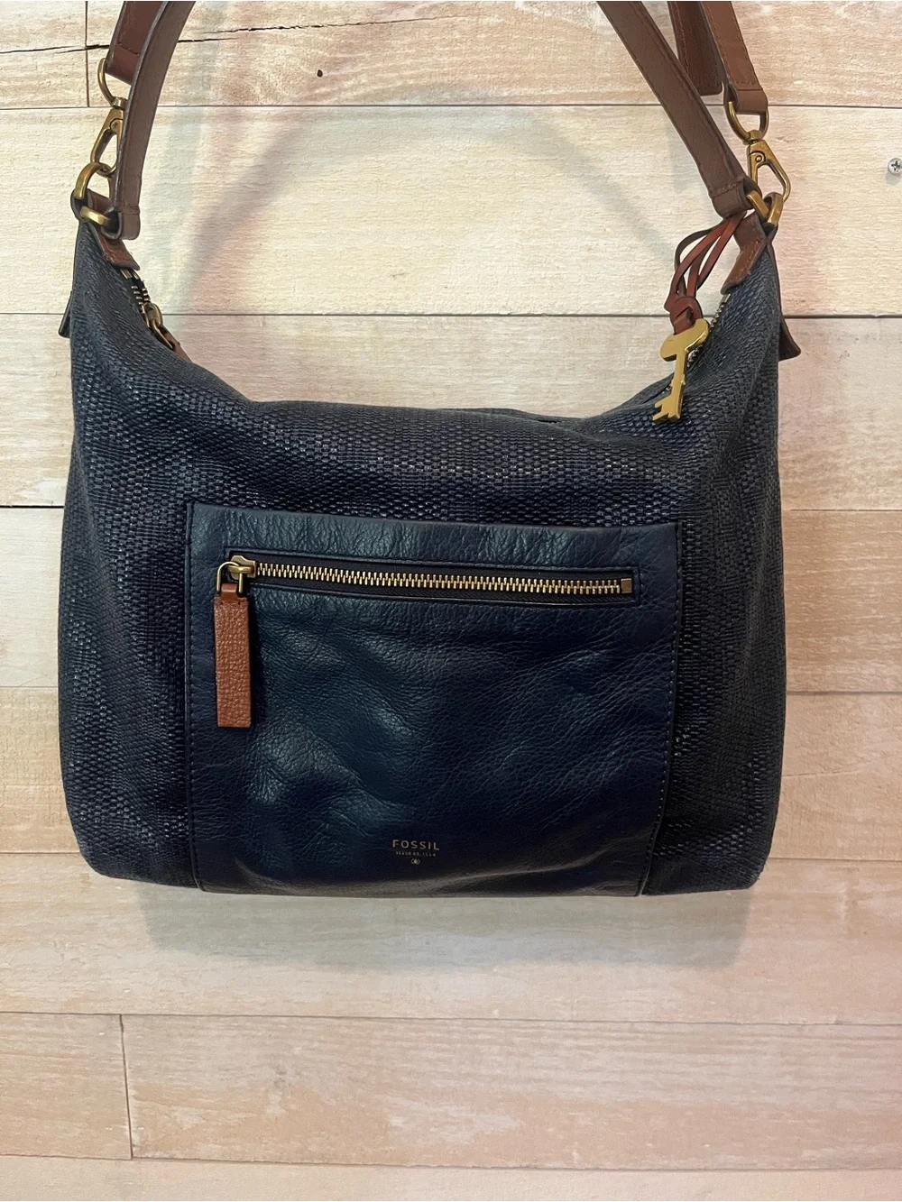 Fossil Woven Navy Hobo Shoulder Bag with Brown Leather Trim